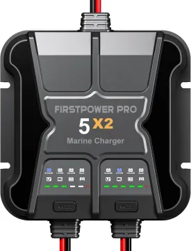 2 Bank Marine Battery Charger 5X2, 10A (5A/Bank) - 12V Waterproof Onboard Battery Charger, Battery Maintainer & Desulfator for SLA/AGM, Lithium (LiFePO4), Calcium & Deep-Cycle Battery- Charged 24/7