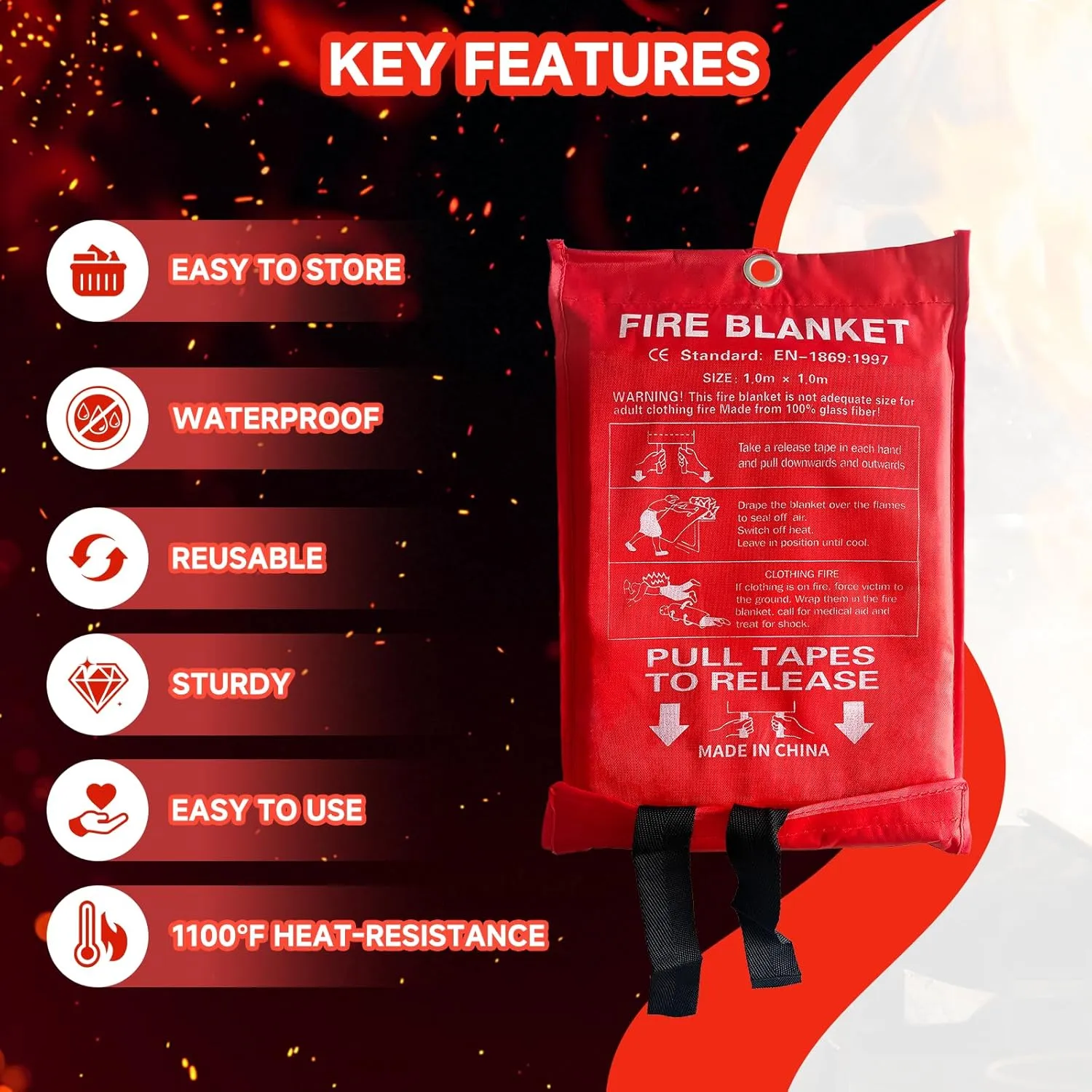 30 Packs Fire Blanket  39.37x39.37 Inches, 1100 Heat Resistant, Emergency Fire Suppression Blanket for Kitchen, Home, Car, Camping  Easy to Use, Non-Toxic, Reusable, Compact & Lightweight