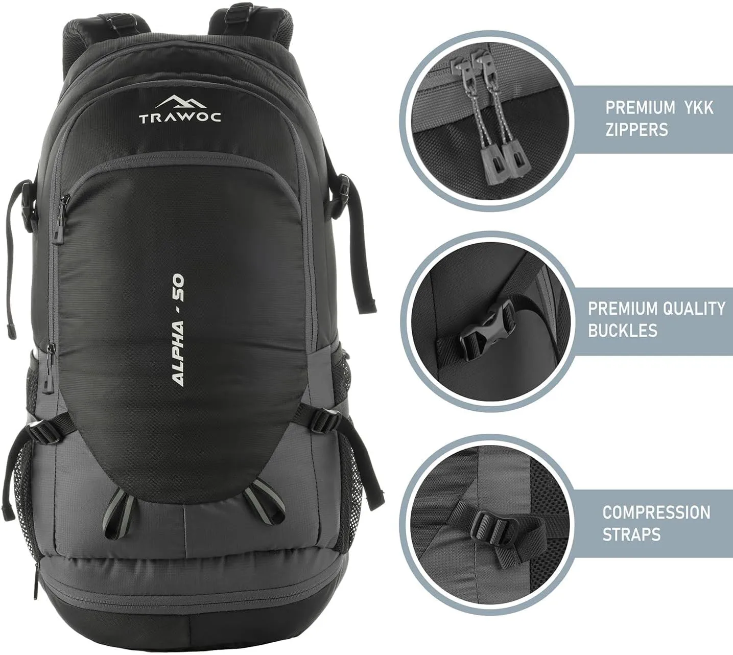 ALPHA 50 Litre Travel Backpack Water Resistant Daypack Bag for Cycling Trekking Hiking Camping for Men & Women,Grey