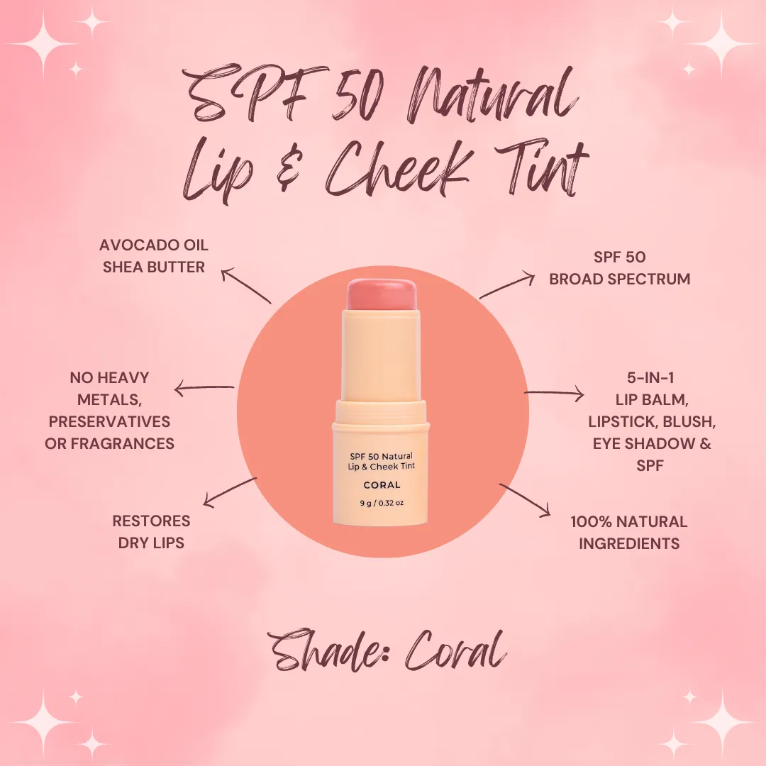 Avocado Zinc SPF 50 Natural Lip & Cheek Tint - Coral 9g