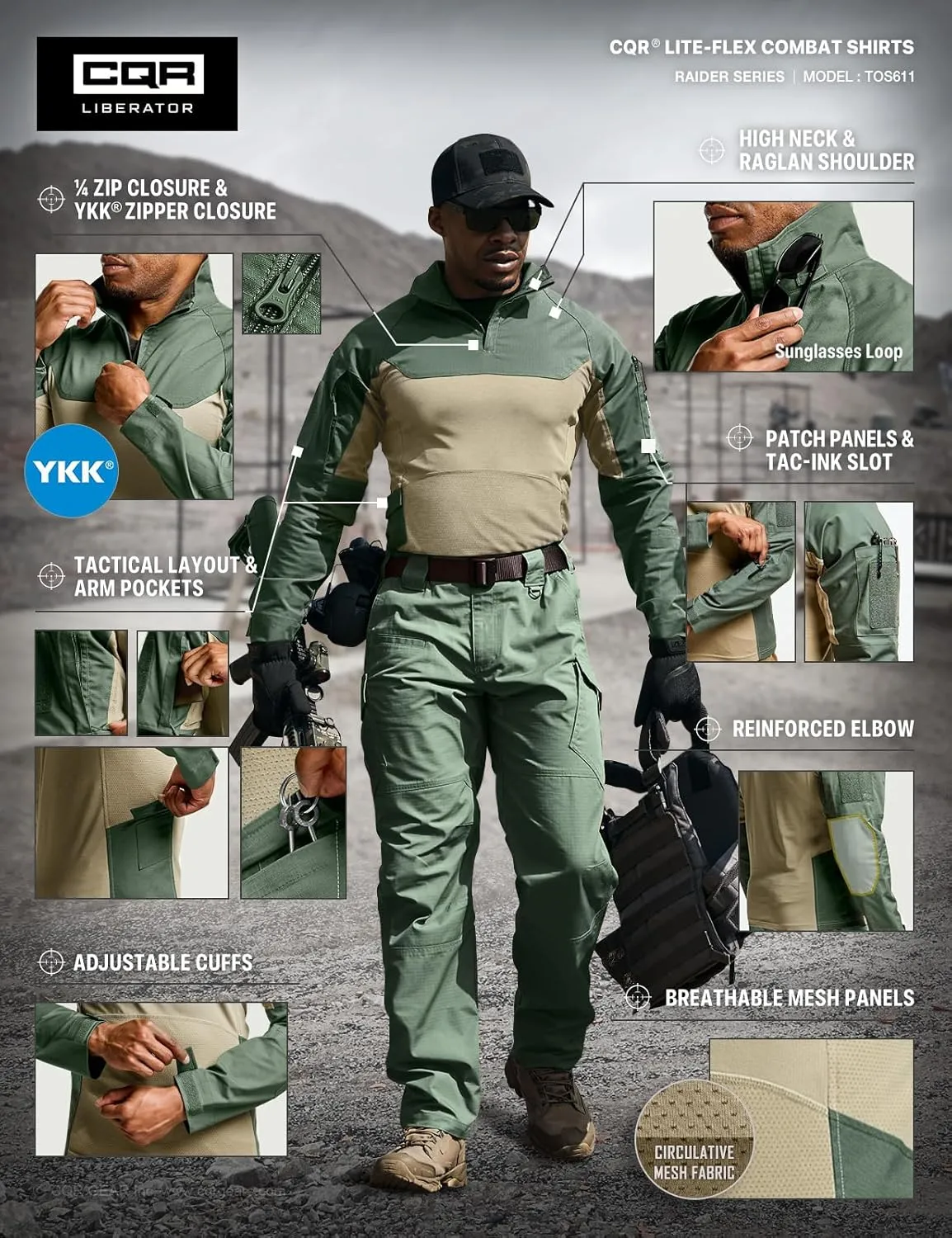 CQR Men's Combat Shirt Tactical 1/4 Zip Long Sleeve Military BDU Shirts Camo EDC Top with Pockets