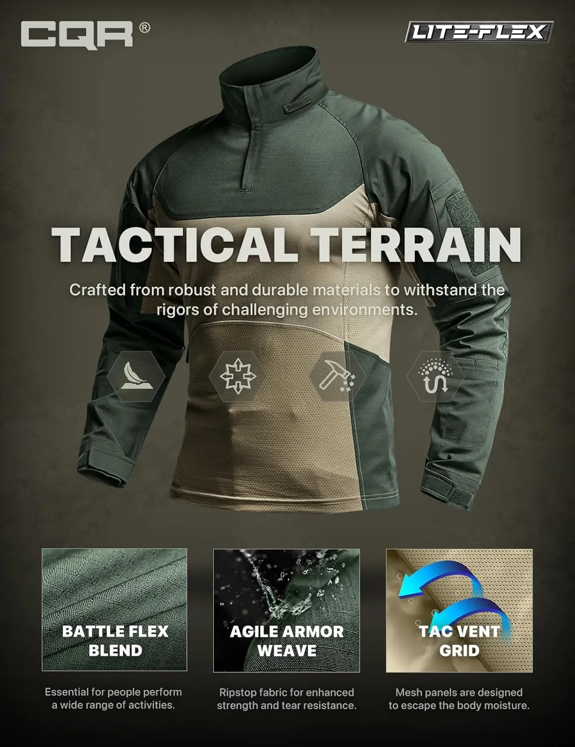 CQR Men's Combat Shirt Tactical 1/4 Zip Long Sleeve Military BDU Shirts Camo EDC Top with Pockets