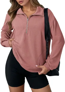 Dokotoo Womens Sweatshirt Waffle Knit Long Sleeve Lapel Half Zip Casual Sweatshits Loose Pullover Tops