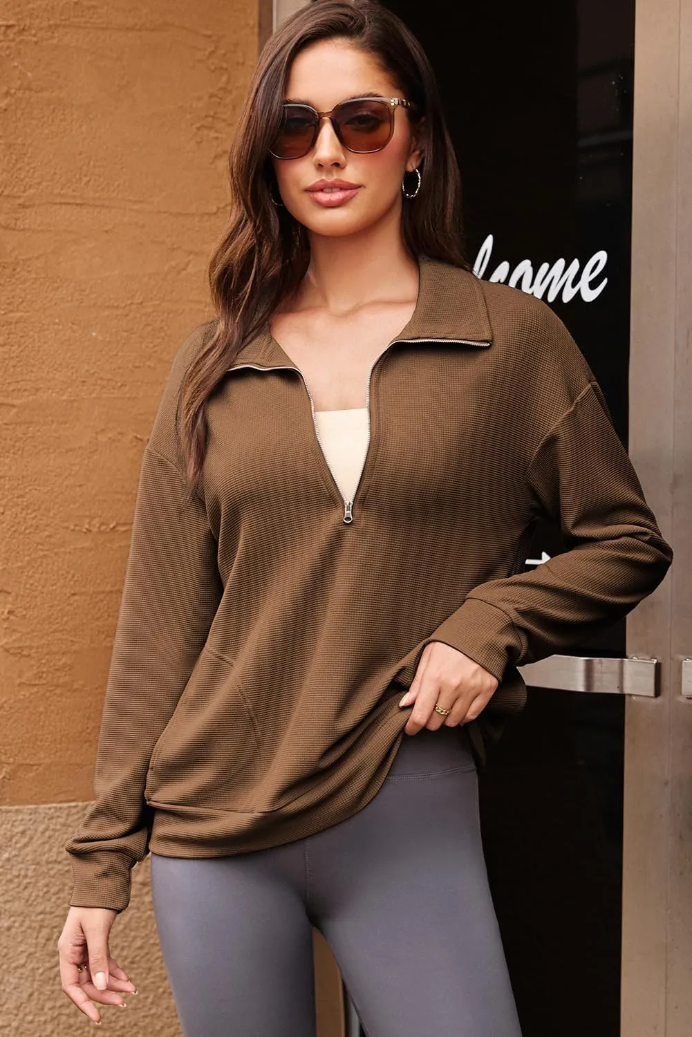 Dokotoo Womens Sweatshirt Waffle Knit Long Sleeve Lapel Half Zip Casual Sweatshits Loose Pullover Tops