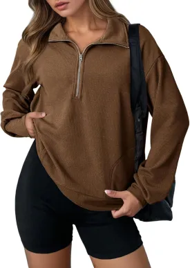 Dokotoo Womens Sweatshirt Waffle Knit Long Sleeve Lapel Half Zip Casual Sweatshits Loose Pullover Tops