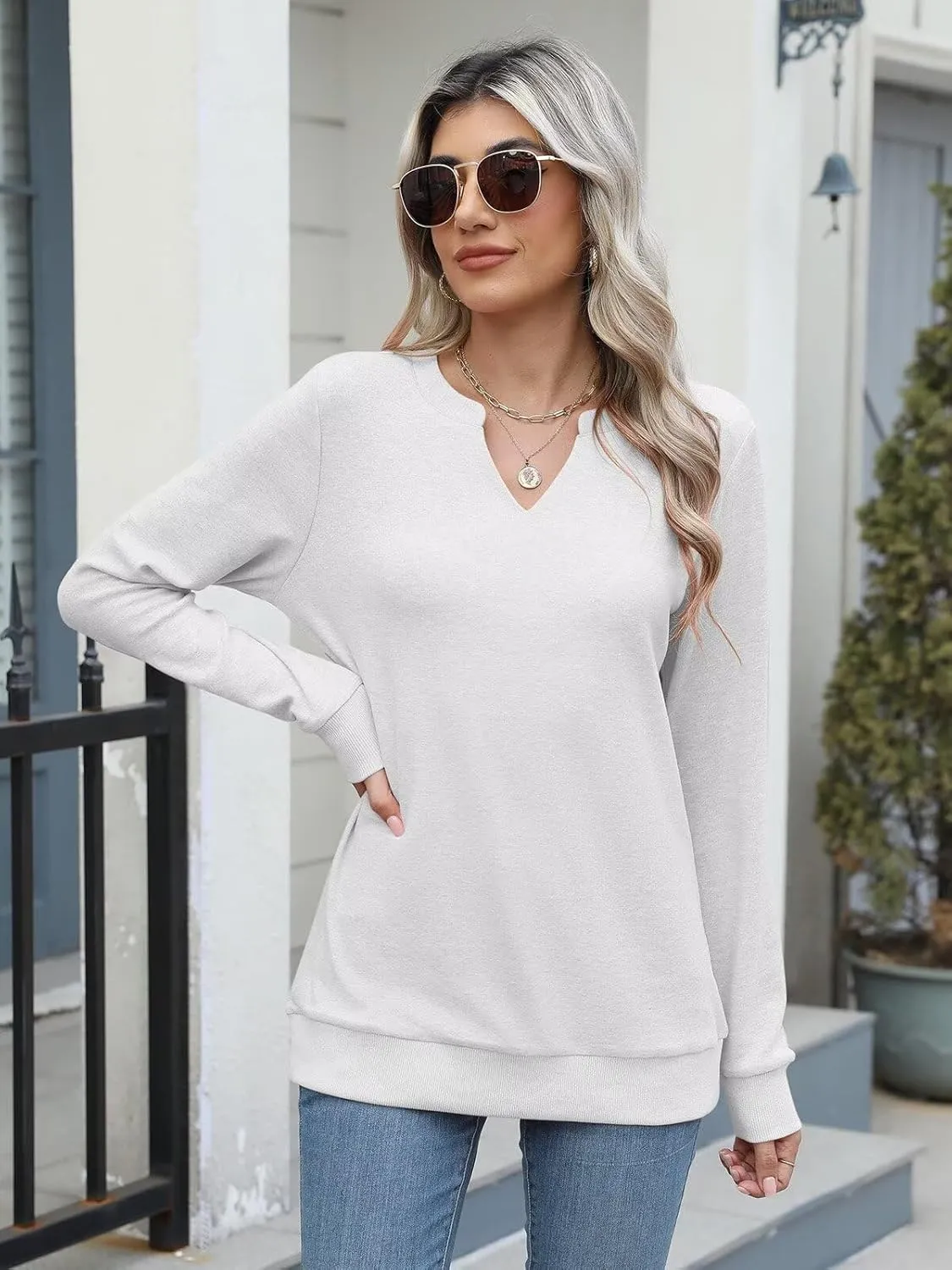 EADINVE Womens Casual Long Sleeve V Neck Sweatshirts Cute Loose Fit Lightweight Pullover Fall Clothes Tunic Tops
