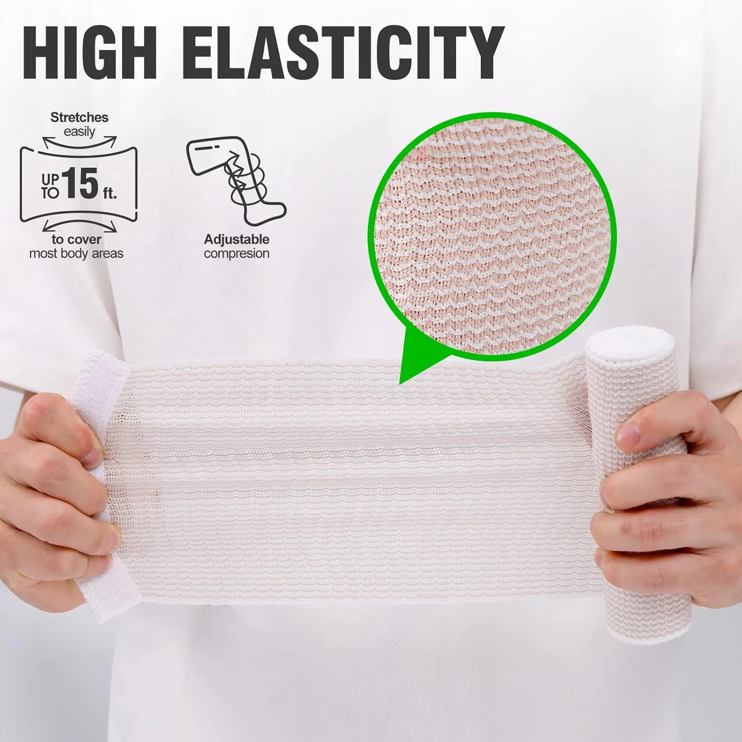 Elastic Bandage 2 Pack. 4 Inches Wide x (13 to 15 ft. When Stretched) with Hook and Loop on Both Ends, Latex Free Bandage. Perfect Compression Wrap for Varicose Veins,Sprained Ankle