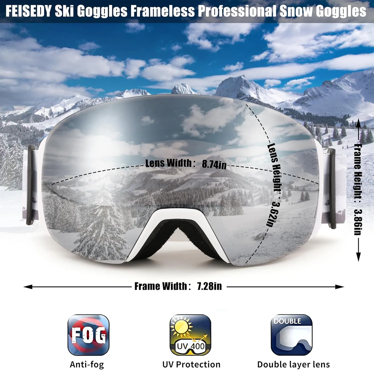 FEISEDY Magnetic Ski Goggles for Men Women Youth Frameless Snow Goggles 100% UV Protection Snowboard Goggles B0020