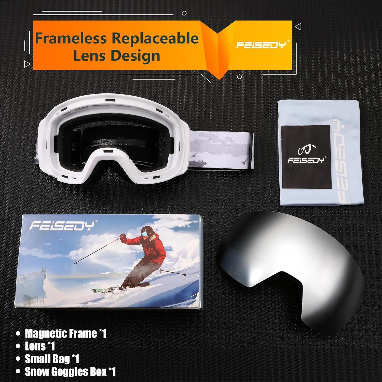 FEISEDY Magnetic Ski Goggles for Men Women Youth Frameless Snow Goggles 100% UV Protection Snowboard Goggles B0020