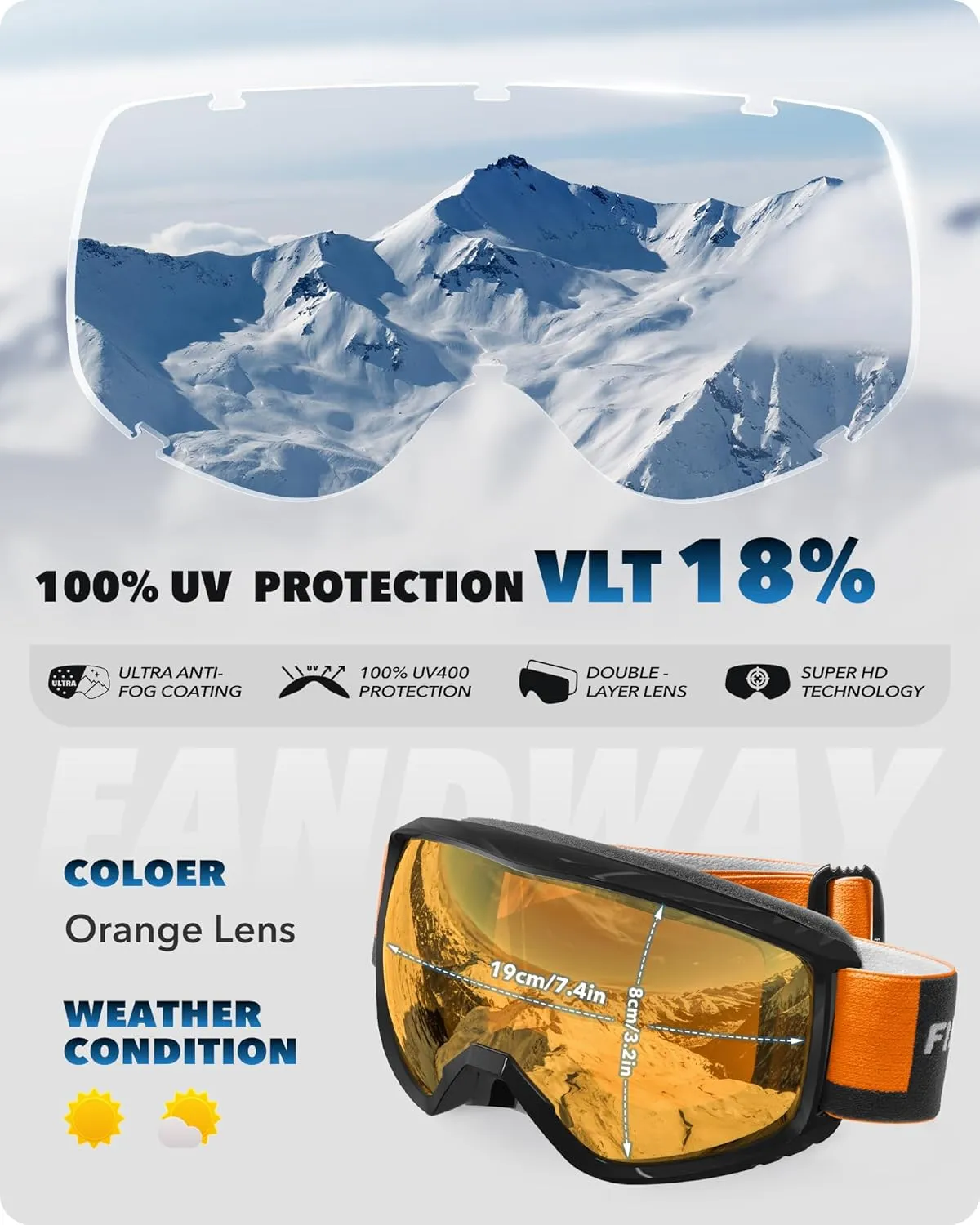 findway OTG Ski Goggles - Over Glasses Snow Snowboard Goggles for Men Women Adult & Youth - Anti-Fog 100% UV Protection