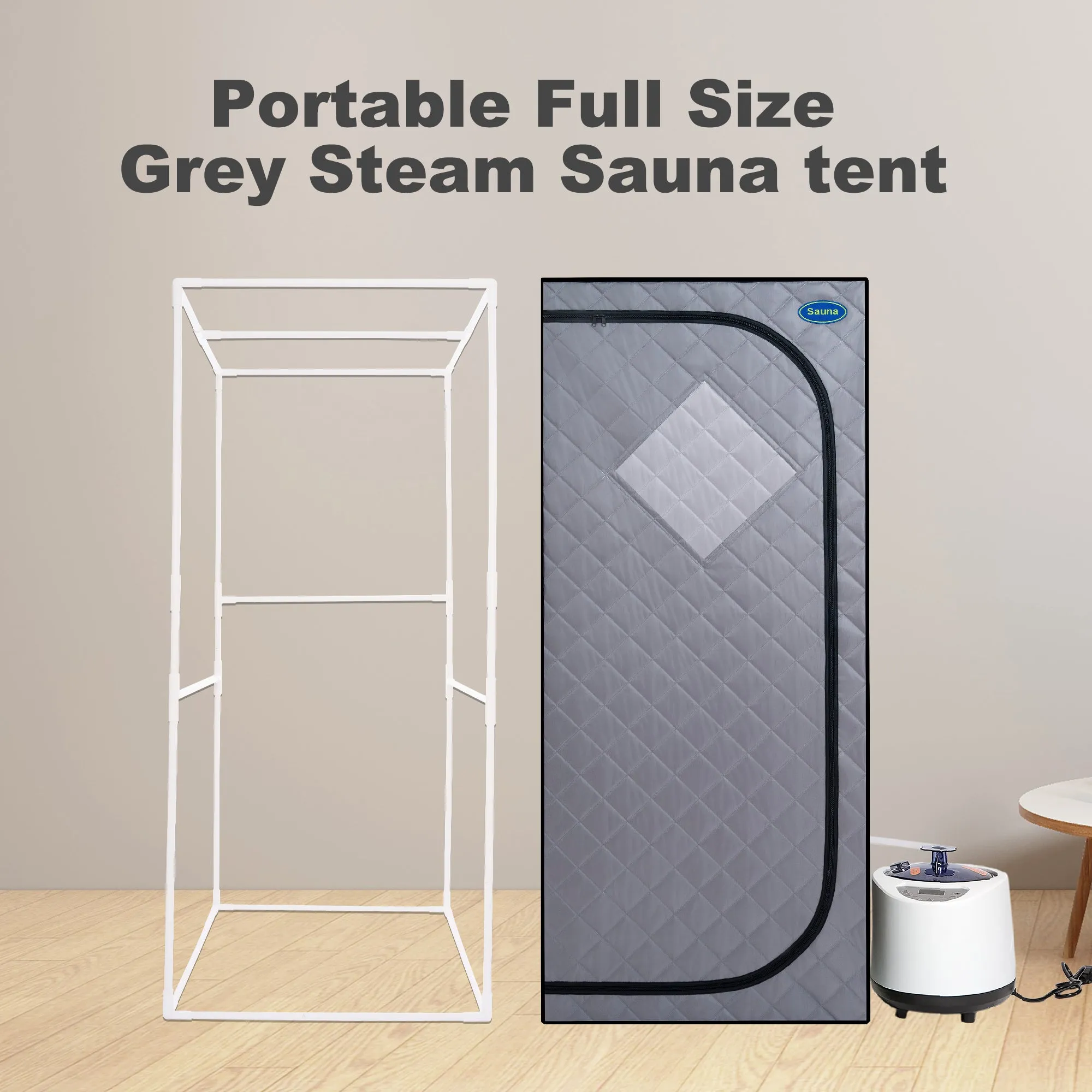 Full Size Portable Grey Steam Sauna tent–Personal Home Spa, with Steam Generator, Remote Control, Foldable Chair, Timer and PVC Pipe Connector Easy to Install