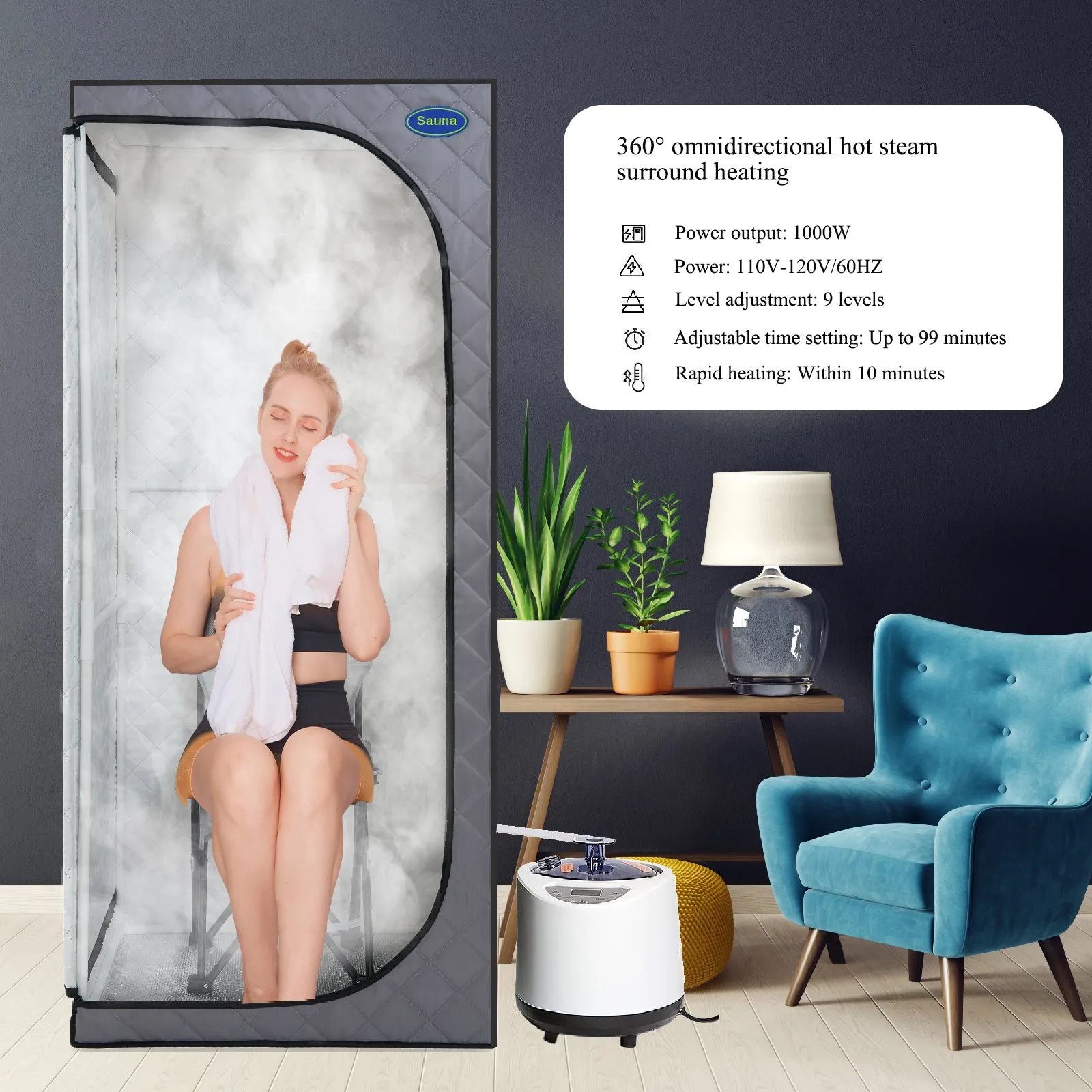 Full Size Portable Grey Steam Sauna tent–Personal Home Spa, with Steam Generator, Remote Control, Foldable Chair, Timer and PVC Pipe Connector Easy to Install