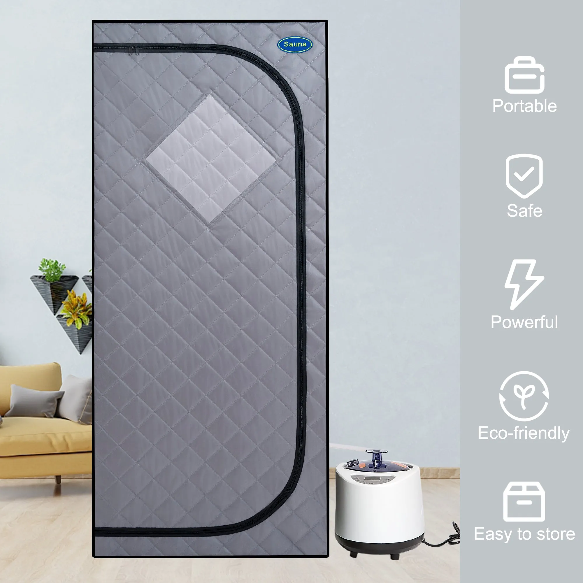 Full Size Portable Grey Steam Sauna tent–Personal Home Spa, with Steam Generator, Remote Control, Foldable Chair, Timer and PVC Pipe Connector Easy to Install