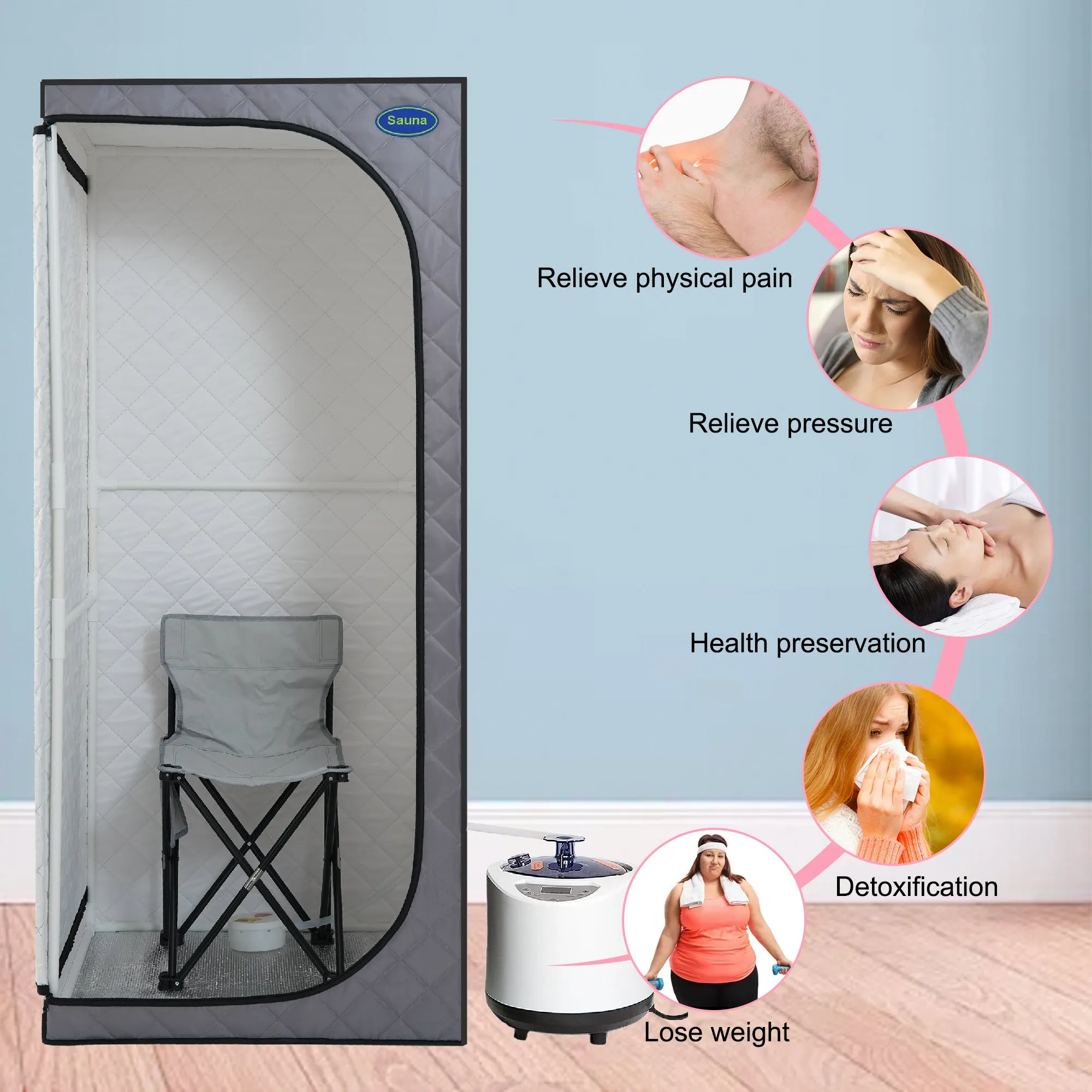 Full Size Portable Grey Steam Sauna tent–Personal Home Spa, with Steam Generator, Remote Control, Foldable Chair, Timer and PVC Pipe Connector Easy to Install