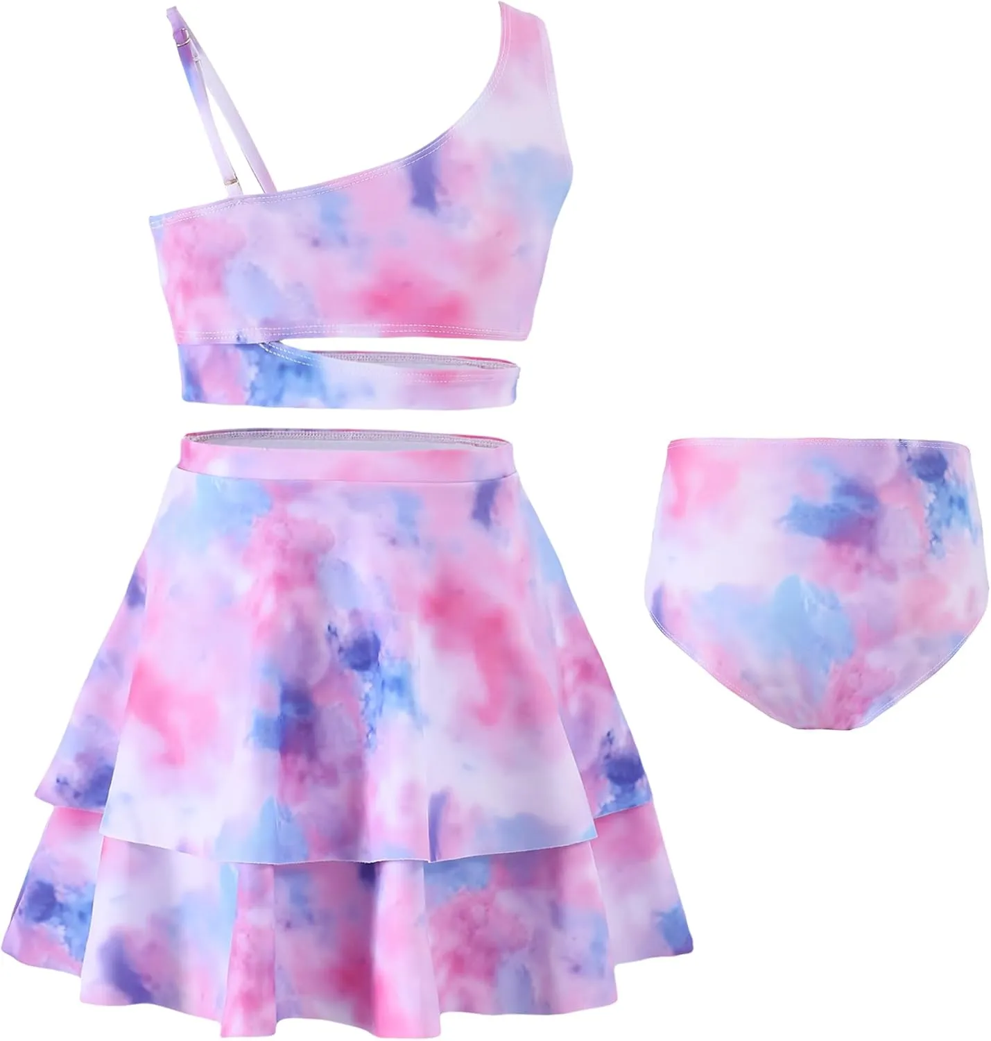 Girls 3 Piece Bathing Suit One Shoulder Ruffle Flounce Bikini Set with Cover Up Skirt Quick Dry Swimsuit 5-12 Years
