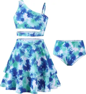 Girls 3 Piece Bathing Suit One Shoulder Ruffle Flounce Bikini Set with Cover Up Skirt Quick Dry Swimsuit 5-12 Years
