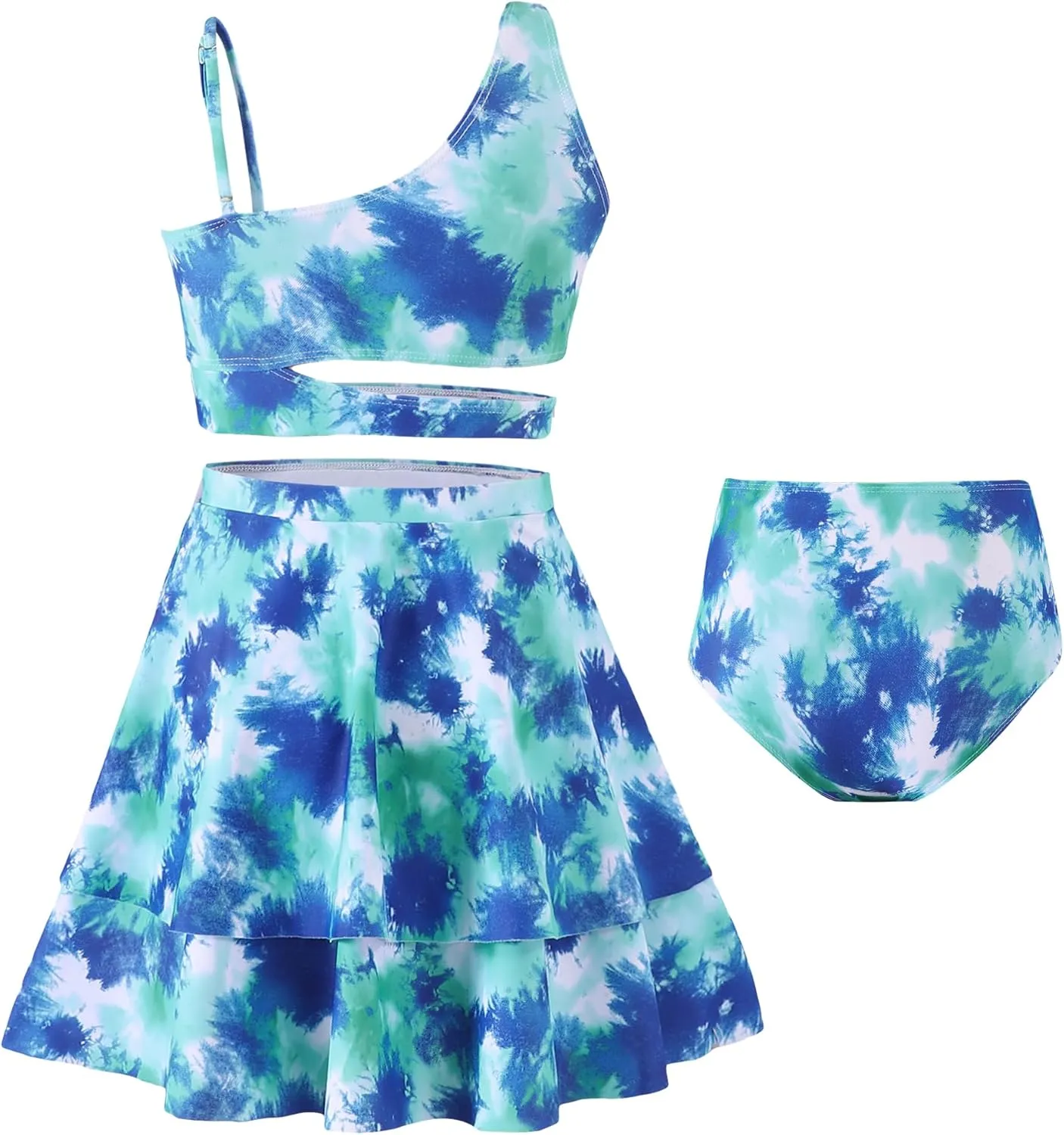 Girls 3 Piece Bathing Suit One Shoulder Ruffle Flounce Bikini Set with Cover Up Skirt Quick Dry Swimsuit 5-12 Years