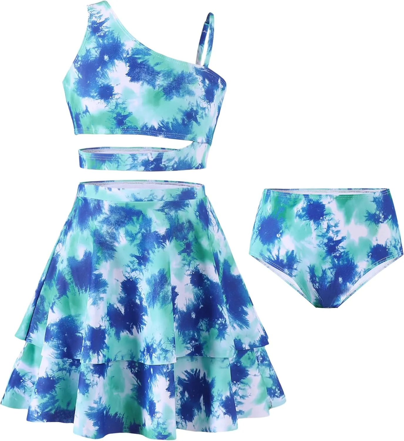 Girls 3 Piece Bathing Suit One Shoulder Ruffle Flounce Bikini Set with Cover Up Skirt Quick Dry Swimsuit 5-12 Years