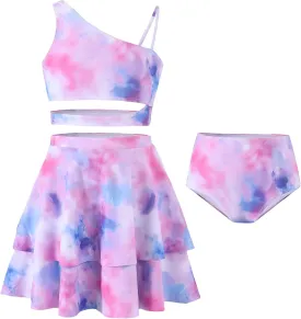 Girls 3 Piece Bathing Suit One Shoulder Ruffle Flounce Bikini Set with Cover Up Skirt Quick Dry Swimsuit 5-12 Years
