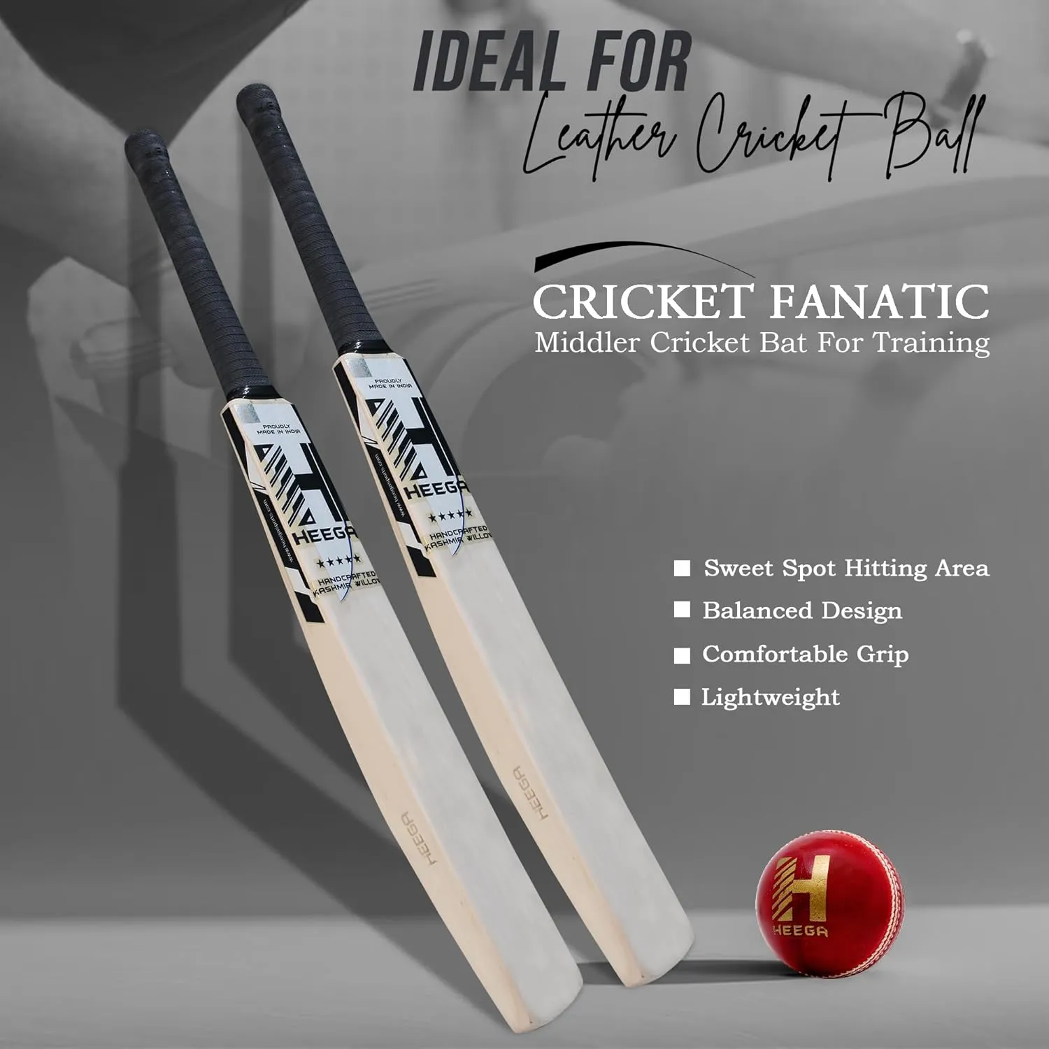 Heega Cricket Fanatic Half Width Kashmir Willow Middler Bat for Training Purpose