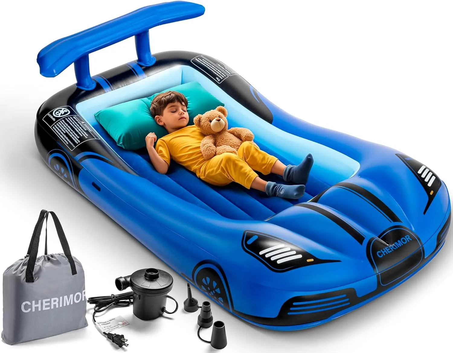 Inflatable Toddler Travel Bed with Safety Bumpers and Electric Pump, Portable Toddler Kids Air Mattress with Carry Bag for Sleepovers Home Travel Camping, Twin