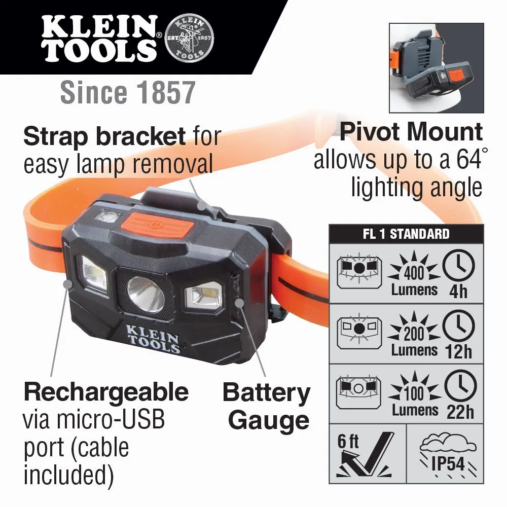 Klein Tools Rechargeable Headlamp w/Silicone Strap, 400 lm, All-Day Run, Auto-Off