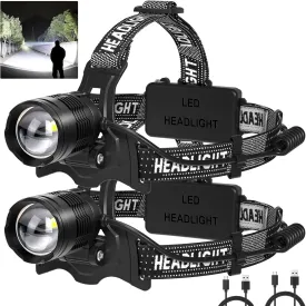 LED Headlamp Rechargeable 2Pack, 3000 Lumens Bright Head Lamp attery Include, 90 Adjustable Head Lights for Forehead with 3 Modes, Long Runtime & Waterproof Headlamps for Adults Camping Hiking
