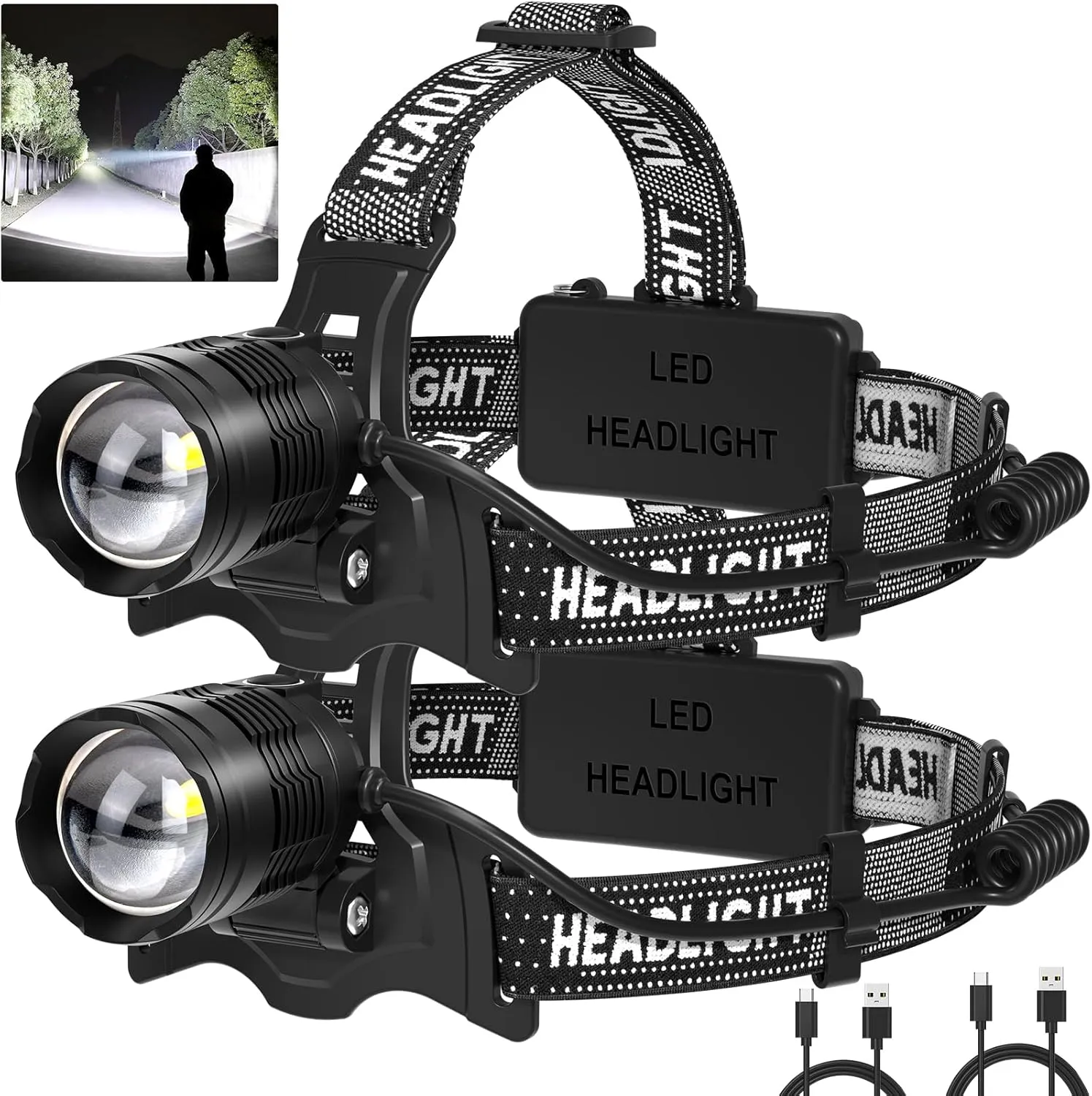LED Headlamp Rechargeable 2Pack, 3000 Lumens Bright Head Lamp attery Include, 90 Adjustable Head Lights for Forehead with 3 Modes, Long Runtime & Waterproof Headlamps for Adults Camping Hiking