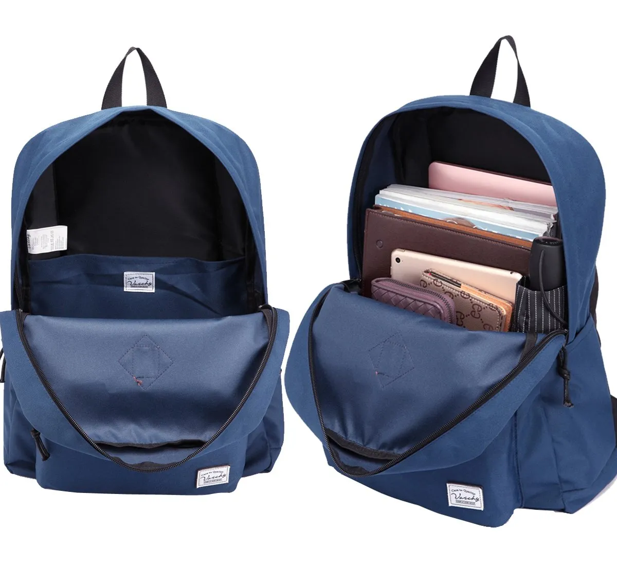 Lightweight Backpack for School, VASCHY Classic Basic Water Resistant Casual Daypack for Travel with Bottle Side Pockets (Navy)