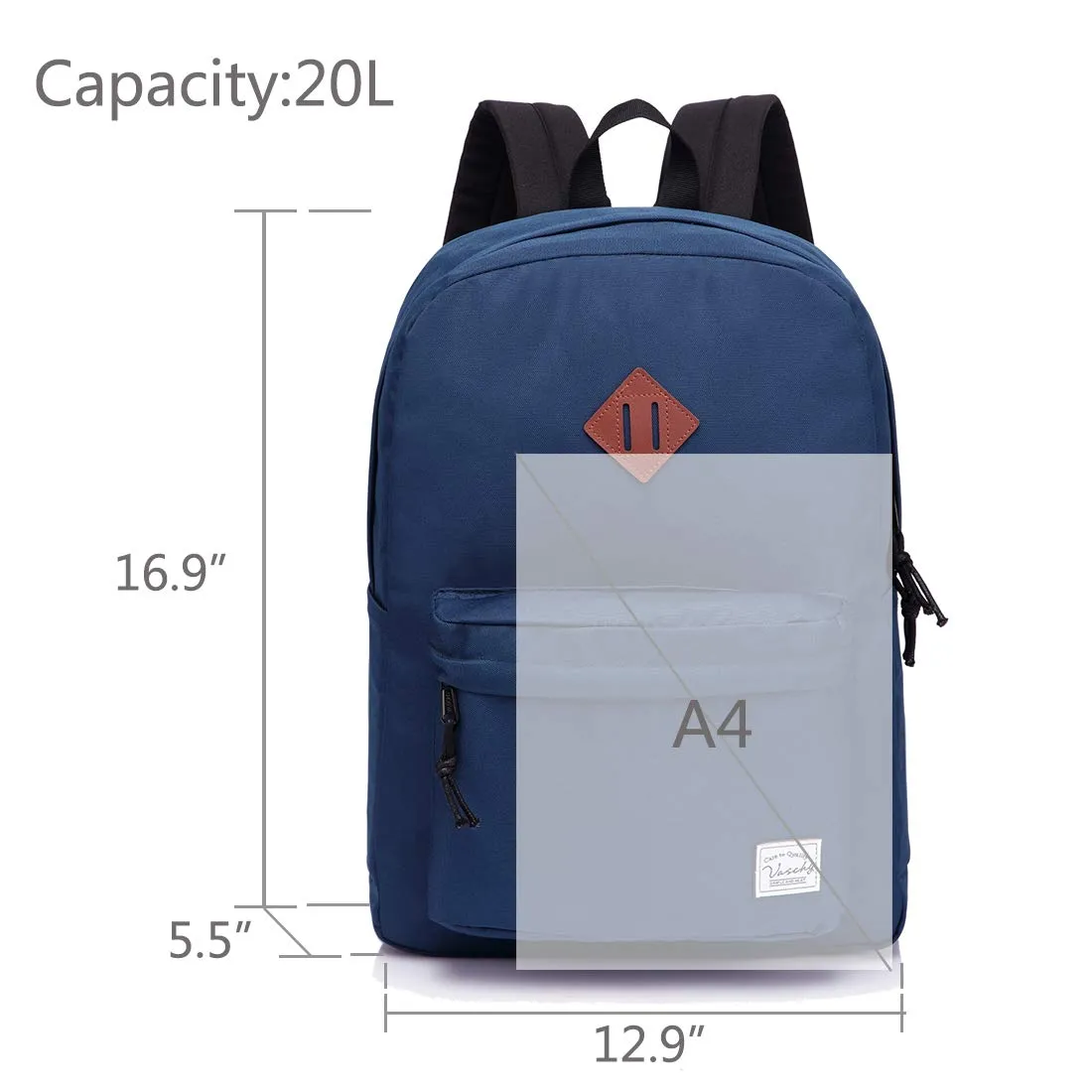Lightweight Backpack for School, VASCHY Classic Basic Water Resistant Casual Daypack for Travel with Bottle Side Pockets (Navy)