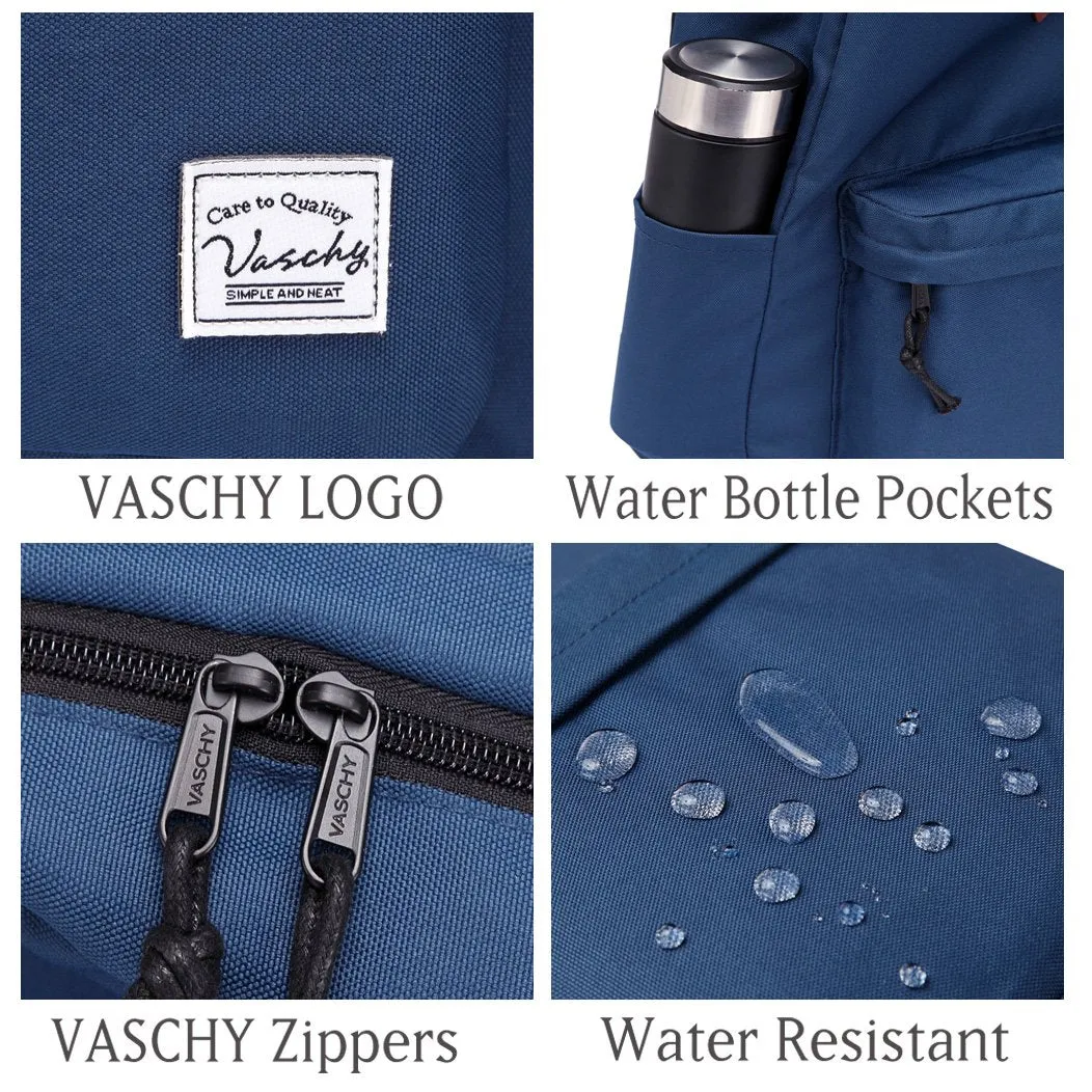 Lightweight Backpack for School, VASCHY Classic Basic Water Resistant Casual Daypack for Travel with Bottle Side Pockets (Navy)
