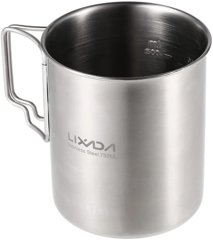 LIXADA Camping Cup Pot,750ml Stainless Steel Water Cup Mug with Foldable Handles and Lid for Outdoor Camping Hiking Backpacking