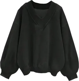 LovelyWholesale Women Oversized V Neck Sweatshirt Long Sleeve Shirts Drop Shoulder Tops