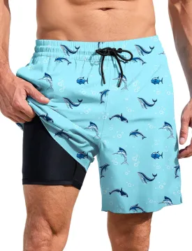 Lzzidou Mens Board Shorts with Compresssion Liner 7 Inch Inseam Swim Trunks Quick Dry Bathing Suit with Zipper Pockets