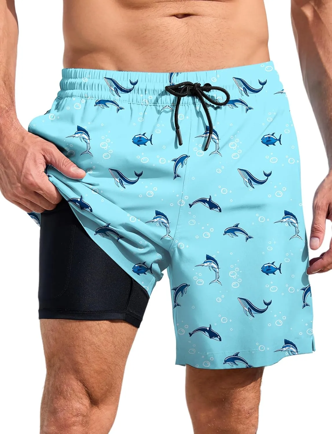 Lzzidou Mens Board Shorts with Compresssion Liner 7 Inch Inseam Swim Trunks Quick Dry Bathing Suit with Zipper Pockets