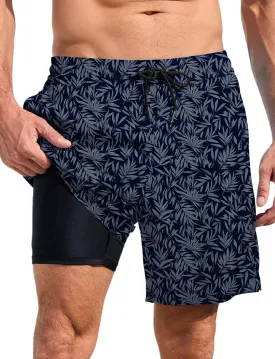 Lzzidou Mens Board Shorts with Compresssion Liner 7 Inch Inseam Swim Trunks Quick Dry Bathing Suit with Zipper Pockets