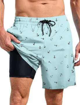 Lzzidou Mens Board Shorts with Compresssion Liner 7 Inch Inseam Swim Trunks Quick Dry Bathing Suit with Zipper Pockets