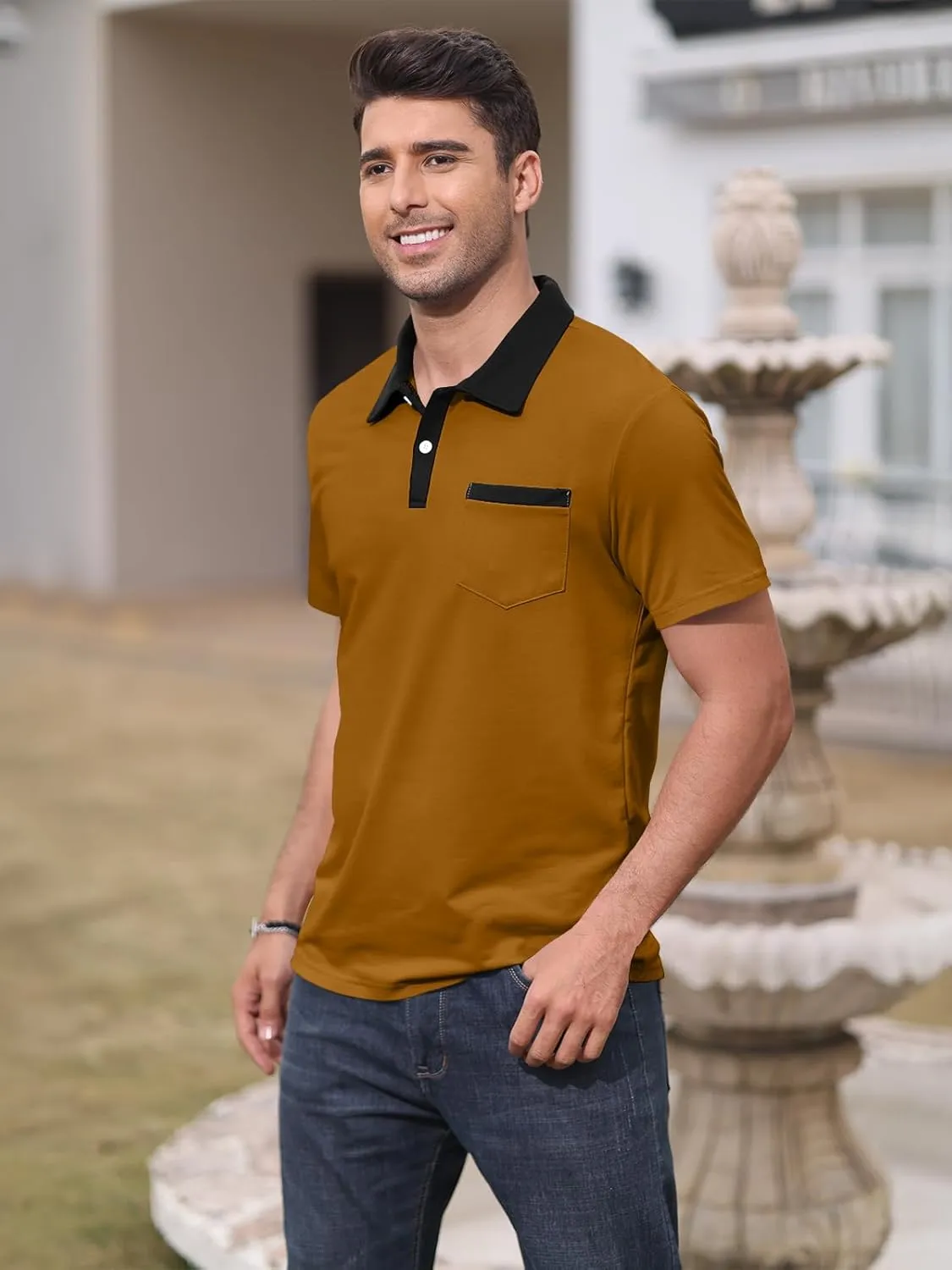 Mens Short Sleeve Polo Shirts Casual Summer Button Basic Shirt Classic Golf Stylish Tops with Pocket