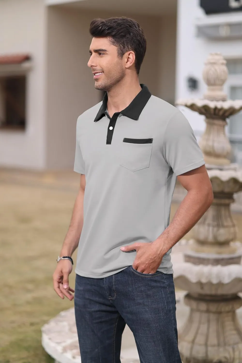 Mens Short Sleeve Polo Shirts Casual Summer Button Basic Shirt Classic Golf Stylish Tops with Pocket