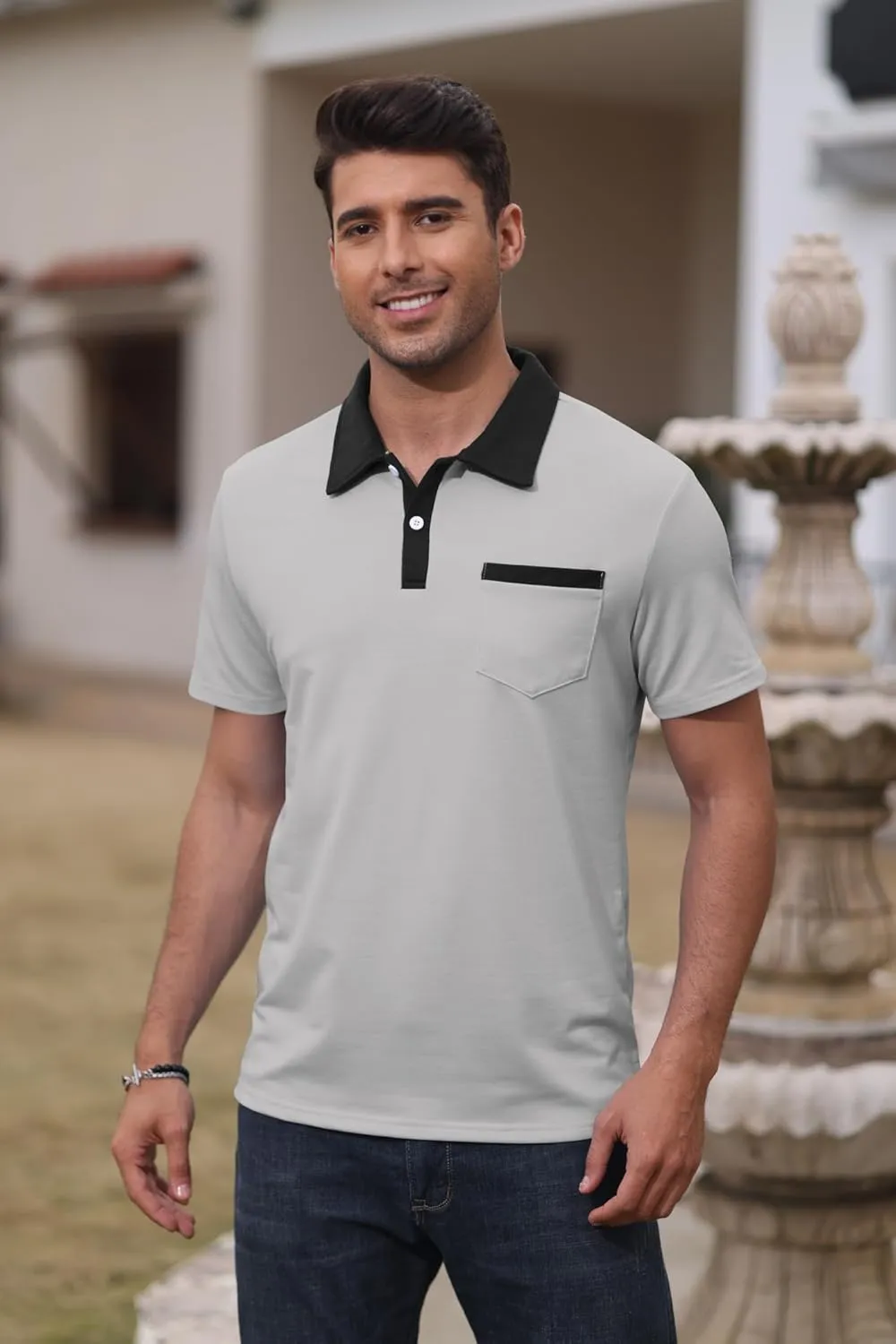 Mens Short Sleeve Polo Shirts Casual Summer Button Basic Shirt Classic Golf Stylish Tops with Pocket