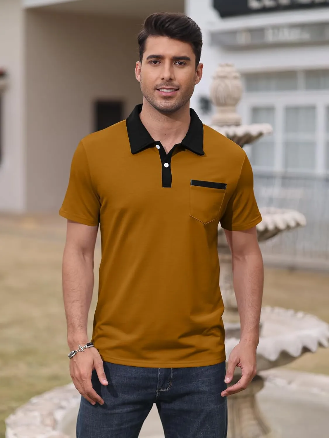 Mens Short Sleeve Polo Shirts Casual Summer Button Basic Shirt Classic Golf Stylish Tops with Pocket