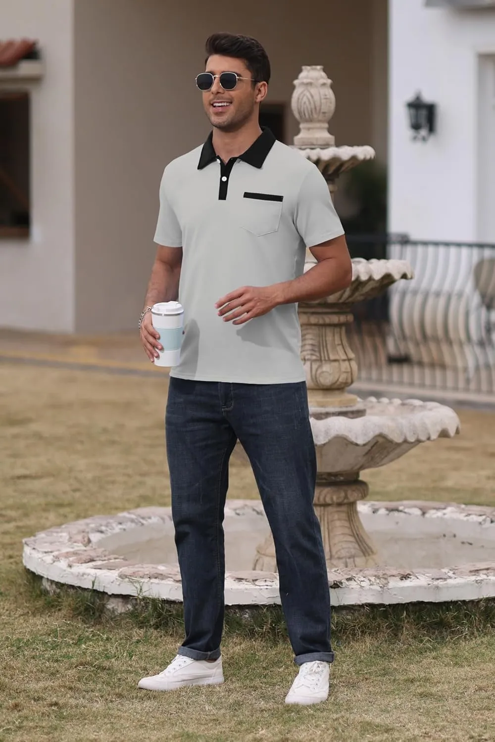 Mens Short Sleeve Polo Shirts Casual Summer Button Basic Shirt Classic Golf Stylish Tops with Pocket