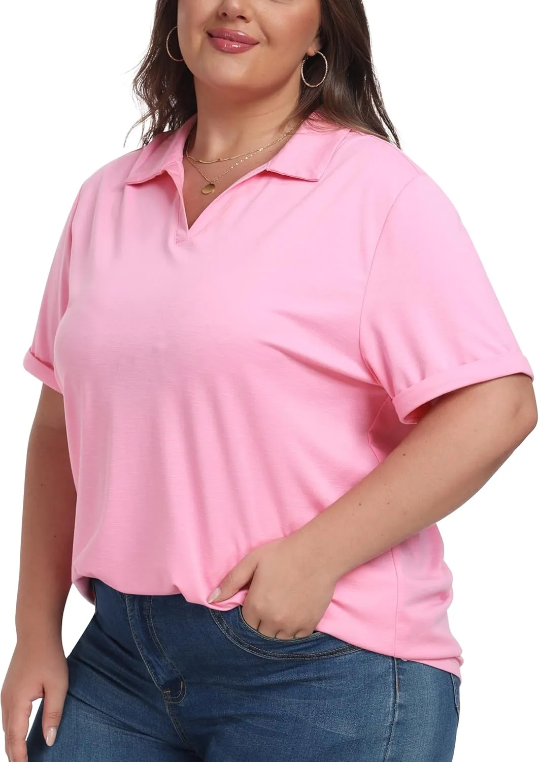 MoFiz Women's Plus Size Golf Polo Shirts Loose Fit Short Sleeve V-Neck Tennis Workouts Tops, XL-5XL