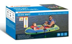 New in sealed box! Pathfinder River Raft Boat Set! Includes Pump & Oars! Max weight 220 Lbs! Great for fishing, paddling or relaxing out in the water! Strong inflatable floor!