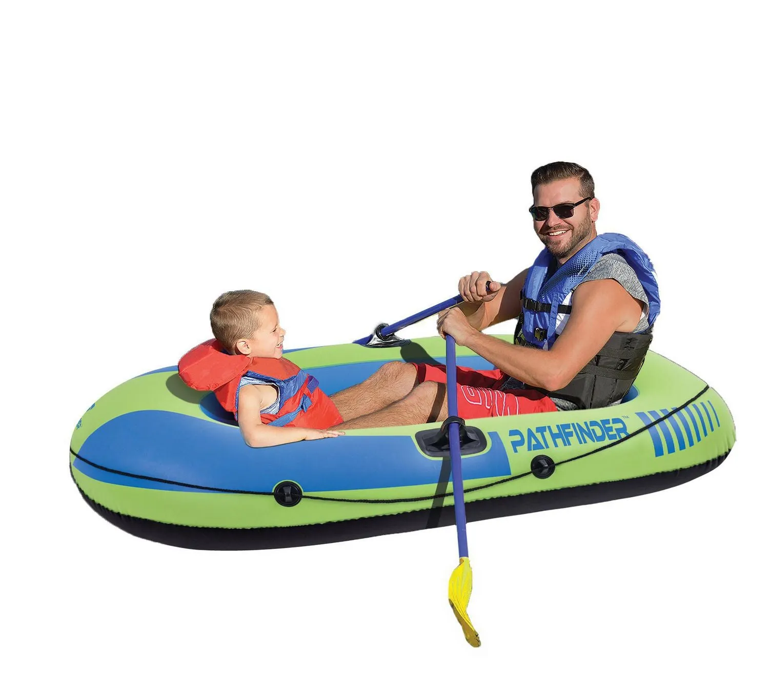 New in sealed box! Pathfinder River Raft Boat Set! Includes Pump & Oars! Max weight 220 Lbs! Great for fishing, paddling or relaxing out in the water! Strong inflatable floor!