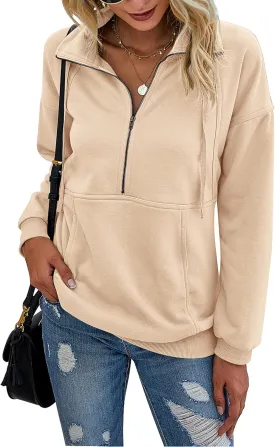 PRETTYGARDEN Women's Casual Long Sleeve Lapel Zipper Sweatshirt Drawstring Loose Pullover Tops