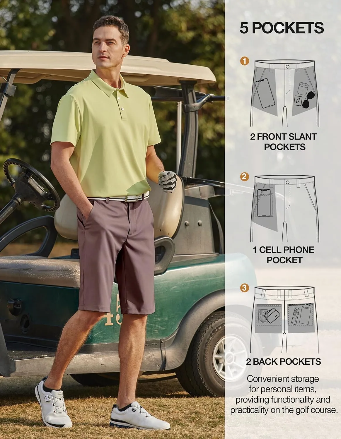 PULI Mens Golf Hiking Shorts Lightweight Casual Dress 12" Inseam Work Stretch Travel Hybrid Quick Drying with Pockets