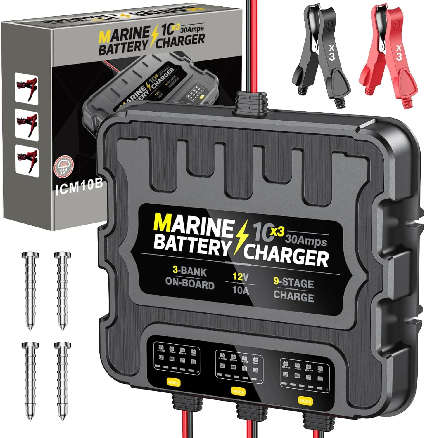 Smart 3 Bank Marine Battery Charger 10X3, 30A (10A/Bank) 12V,Waterproof,lifepo4 Lithium Boat Battery Charger Maintainer and Desulfator for AGM, Lithium,Deep-Cycle Batteries Boat Accessories