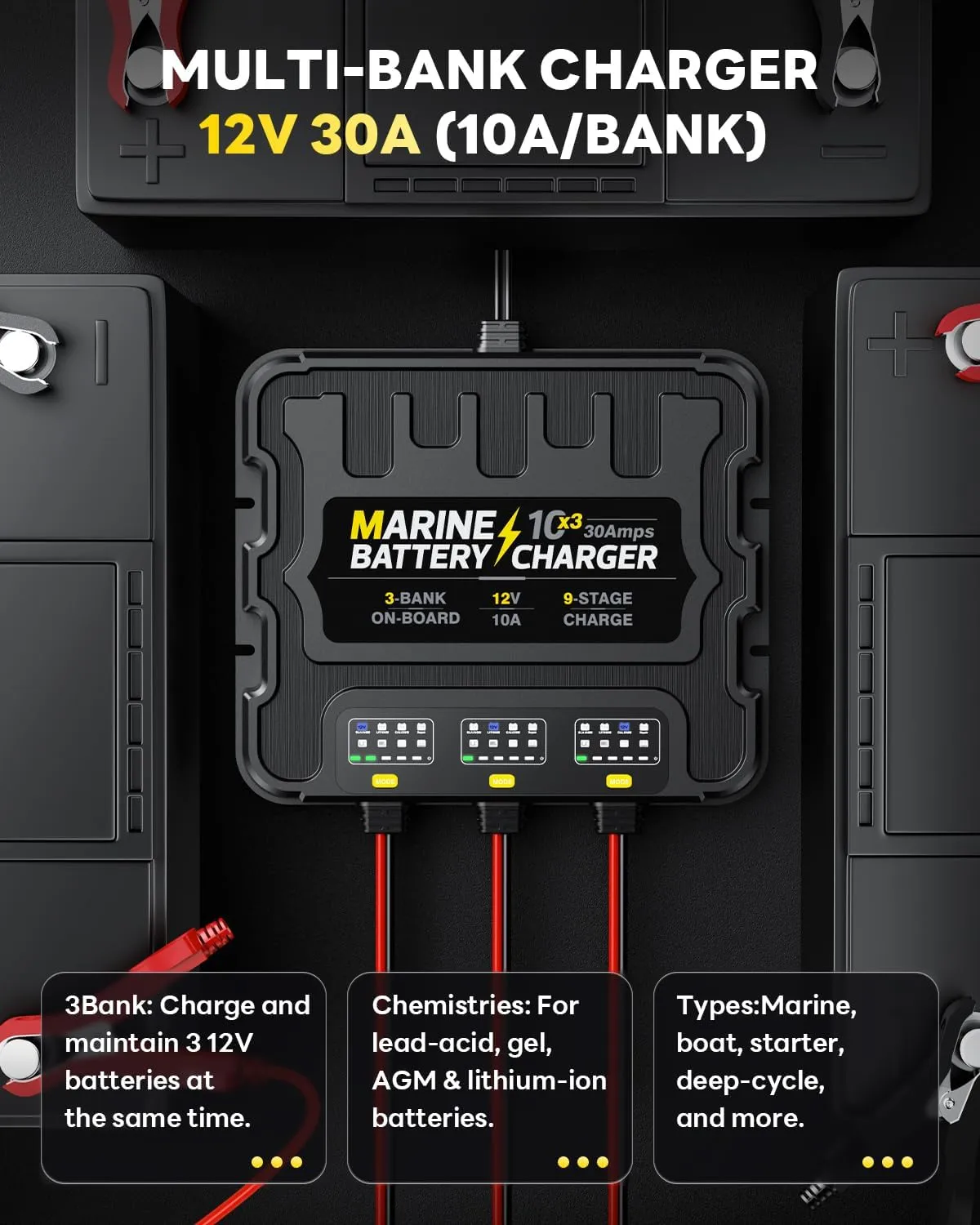 Smart 3 Bank Marine Battery Charger 10X3, 30A (10A/Bank) 12V,Waterproof,lifepo4 Lithium Boat Battery Charger Maintainer and Desulfator for AGM, Lithium,Deep-Cycle Batteries Boat Accessories