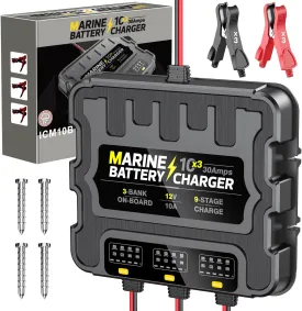 Smart 3 Bank Marine Battery Charger 10X3, 30A (10A/Bank) 12V,Waterproof,lifepo4 Lithium Boat Battery Charger Maintainer and Desulfator for AGM, Lithium,Deep-Cycle Batteries Boat Accessories